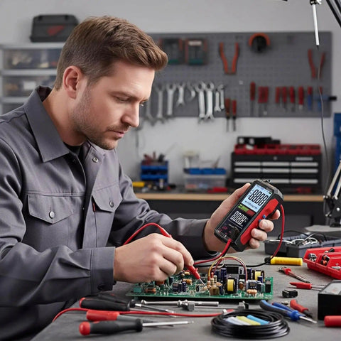 Technician using 6000 Counts True RMS Digital Multimeter With USB Rechargeable Battery Color Screen Auto Ranging NCV Detection Beast Pro Grade Electrical Tester in workshop