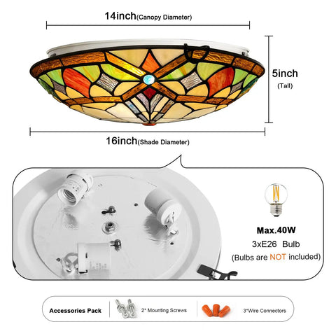 Tiffany Style 3 Light Ceiling Fixture, 16 Inch Stained Glass Flush Mount with dimensions and bulb info, for Bedroom, Dining Room