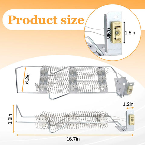 Dryer Heating Element Kit with 279816 Thermostat and Wire Pack dimensions showing element size, easy install and durable design.