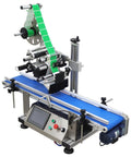 Top Shelf Automatic Desktop Conveyor Labeling Machine Engineered For Zero Stress Workflows On Cosmetics Food And Containers, showing blue conveyor and labeling mechanism.