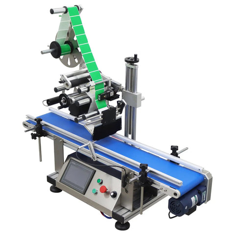 Top Shelf Automatic Desktop Conveyor Labeling Machine Engineered For Zero Stress Workflows On Cosmetics Food And Containers, showing blue conveyor and labeling mechanism.