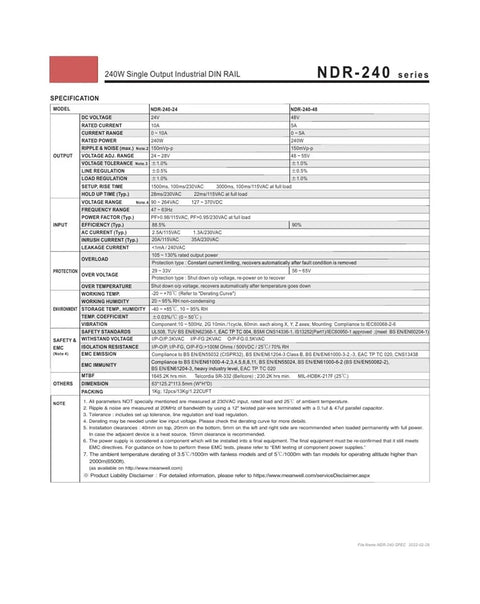 Heavy Duty Industrial Power Supply DC 24V 10A 240W Single Output Din Rail Mount specifications document detailing features and parameters.