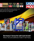 Liqui Moly lubricant product range featuring motor oils and additives with award badges displayed in background.