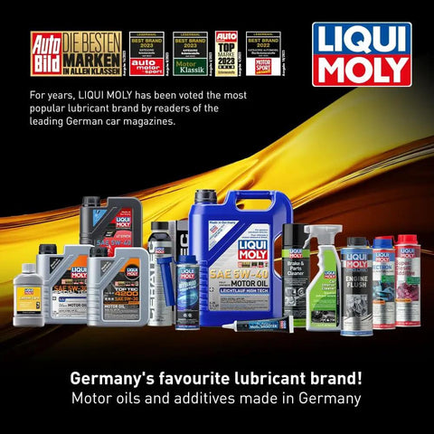 Liqui Moly lubricant product range featuring motor oils and additives with award badges displayed in background.
