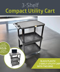 Black three shelf mobile utility cart with two bins and locking wheels, heavy duty plastic rolling cart for office, warehouse, and workshop.