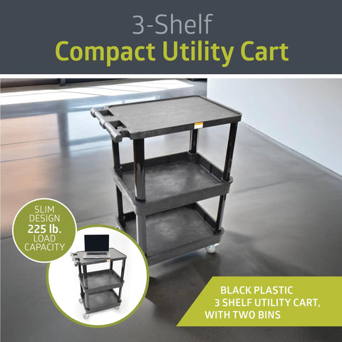Black three shelf mobile utility cart with two bins and locking wheels, heavy duty plastic rolling cart for office, warehouse, and workshop.