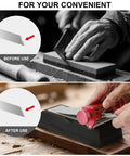 Professional Chisel Sharpening Jig With 400 And 1000 Grit Diamond Stones Precision Angle Fixture For Woodworking Blades shown before and after sharpening.