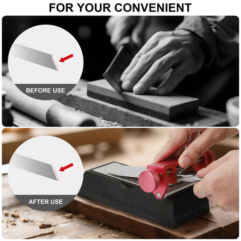 Professional Chisel Sharpening Jig With 400 And 1000 Grit Diamond Stones Precision Angle Fixture For Woodworking Blades shown before and after sharpening.
