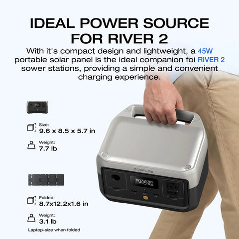 Person carrying River 2 Portable Power Station With 45W Solar Panel, 256Wh LiFePO4 Battery, showing lightweight design