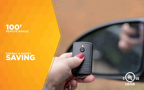 Hand holding remote for Weatherproof Outdoor Outlet Switch With Wireless Remote Controller next to car mirror