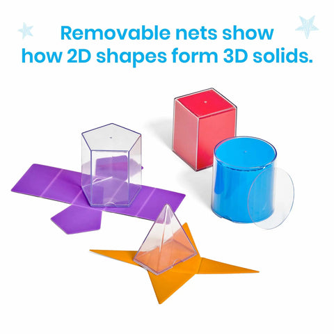 Foldable 3D Geometry Shapes Set for Classrooms, Hands On Geometry Manipulatives with clear solids and colorful nets.