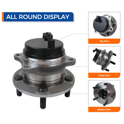 FWD Rear Wheel Hub And Bearing Assembly With Encoder ABS For Hyundai Santa Fe 2007 2018 Hyundai Veracruz 2007 2012 Kia Sorento 2011 2015 5 Lug Plug And Play, top, front, and bottom views