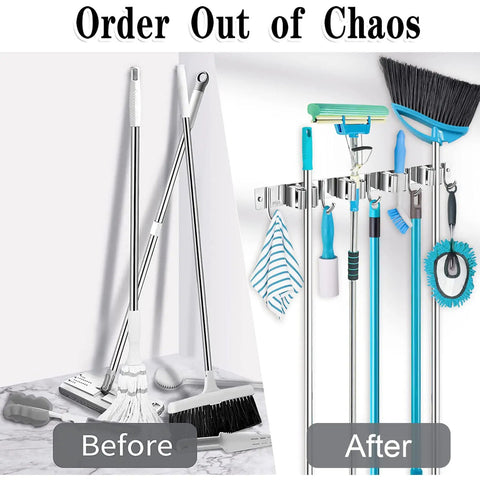 Heavy Duty Wall Mounted Broom And Mop Holder With Four Racks And Five Hooks That Hold Up To Two Hundred Pounds Stainless Steel Tool Organizer comparison