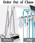 Heavy Duty Wall Mount Broom Holder And Tool Organizer Set With 3 Racks And 4 Hooks Metal Garage Storage organizing tools in use