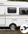 Four Piece T Handle Cabinet Locks With Keys For RV And Truck Storage Drawers Campers And Trailers shown on a white camper