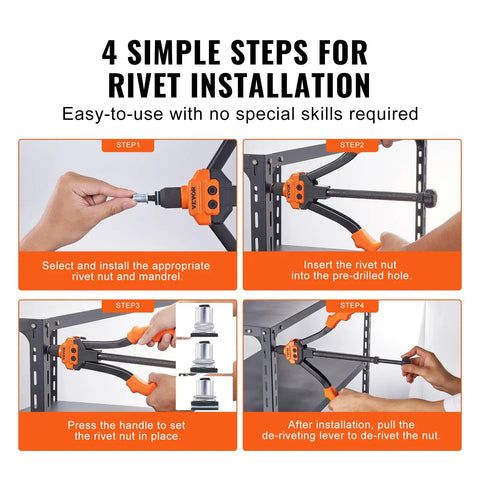 14 Inch Rivet Nut Tool Kit With 7 SAE And Metric Mandrels, 70 Assorted Rivet Nuts installation guide image