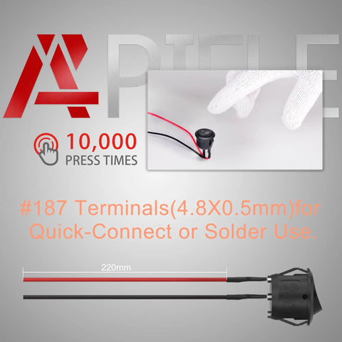 10 Pack KCD1 Mini Round Rocker Switches SPST On Off Snap In With 200mm Pre Wired Wires For Car Boat Auto Use 2 Pin Mount 6A 250V 10A 125V 12V DC Nylon PA66 Durable Tough, 220mm leads