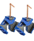 Heavy Duty 90 Degree Welding Angle Clamp 2 Pack Cast Iron Right Angle Jig For Woodworking And Metal with blue finish and dual axis lock.
