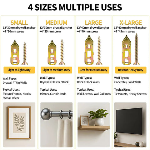 Beefy Contractor Grade 442-Piece Set Self Drilling Drywall Anchors Kit With Screws No Drill Needed Wall Anchors Four Sizes Zinc Plated Expansion Screws And Two Drill Bits Holds Up To 75 Lb, 4 sizes for drywall and solid walls