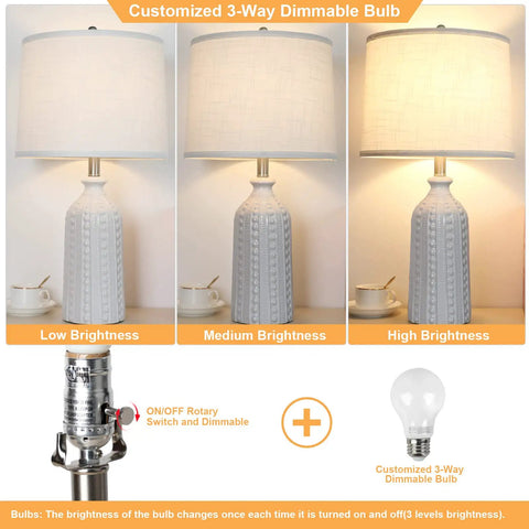 Set Of 2 White Ceramic Table Lamps 24.5 Inches Tall 3 Way Dimmable Bedside Lights With White Drum Shade showing dimmable brightness levels