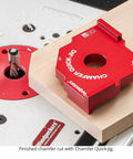 Chamfer Quick-Jig on wood piece showing precise chamfer cut used with Shop Tested Street Smart Radius And Chamfer Quick Jig Deluxe Set Featuring 18 Router Table Templates For Flawless Rounds And Bevels Dead Nuts Precise Cuts And Super Fast Setup.