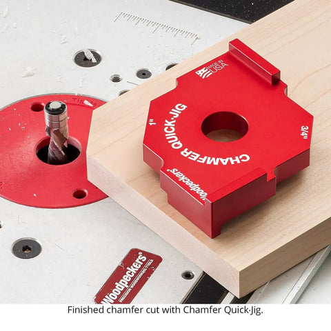 Chamfer Quick-Jig on wood piece showing precise chamfer cut used with Shop Tested Street Smart Radius And Chamfer Quick Jig Deluxe Set Featuring 18 Router Table Templates For Flawless Rounds And Bevels Dead Nuts Precise Cuts And Super Fast Setup.