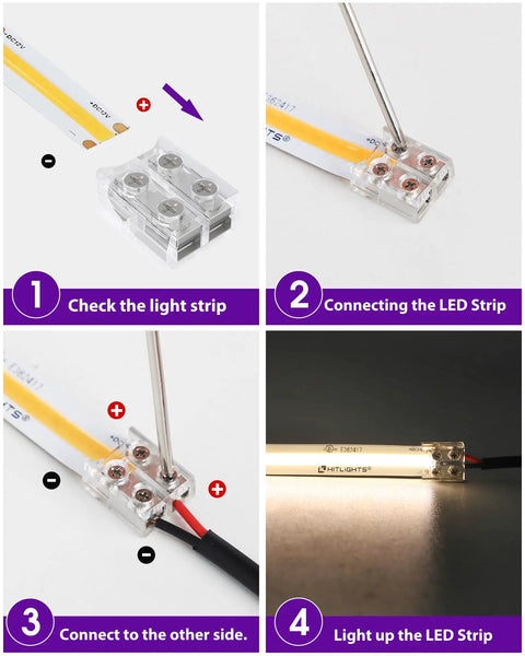2 Pin 8mm LED Strip Connector Solderless Kit For 12V 24V White Single Color Tape Lights, transparent screw terminal with screwdriver