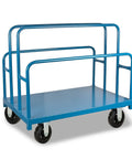Blue cart with heavy duty 6 inch rubber on cast iron caster wheels, 600 lbs capacity, ideal for industrial use