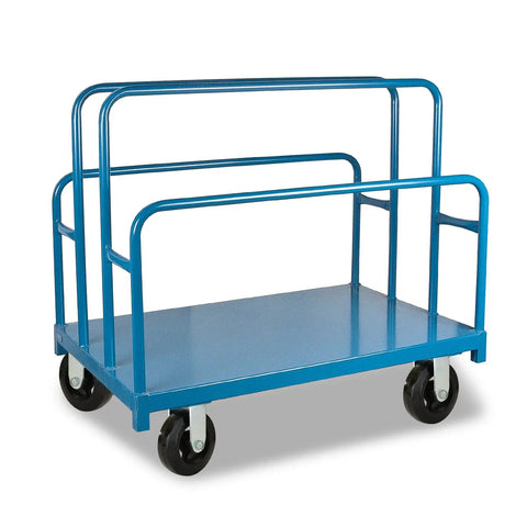 Blue cart with heavy duty 6 inch rubber on cast iron caster wheels, 600 lbs capacity, ideal for industrial use