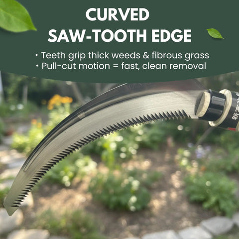 Curved serrated edge of Weeding Sickle Kama With Curved Serrated Edge, Lightweight High Carbon Japanese Steel Blade.