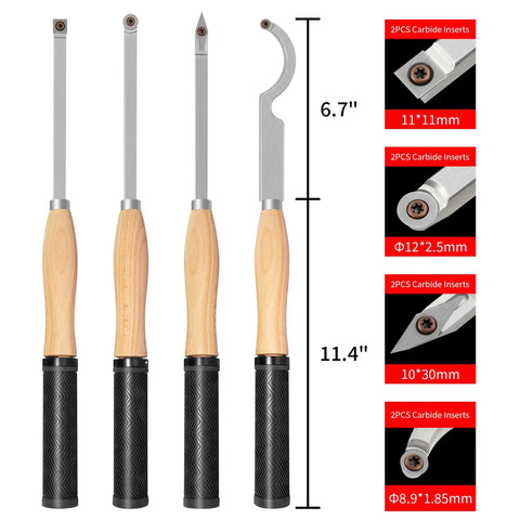 Do-It-All Carbide Tipped Wood Lathe Turning Tool Set With Rubber Handles, 8 Indexable Tools For Turning, Scraping, And Hollowing