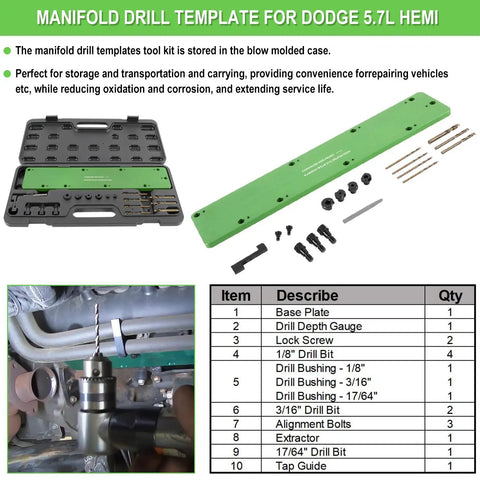 Heavy Duty Exhaust Manifold Drill Template Bolt Removal Tool Kit For Dodge 5.7L Hemi And Ram 1500 showing tools in storage case.