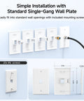 Ten Slick Low Profile Keystone Wall Plates For Home Theater And Office Networking. Display of white single-gang wall plates fitted with cables.