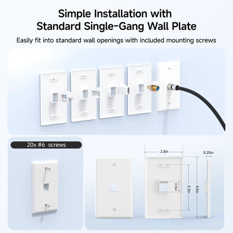 Ten Slick Low Profile Keystone Wall Plates For Home Theater And Office Networking. Display of white single-gang wall plates fitted with cables.