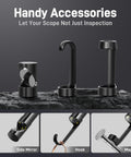 Endoscope Borescope With Light For Auto And Home Repairs Shop Grade Waterproof Fiber Optic Camera With 8 LED Lights Thirty To Eighty Millimeter Focus Flexible Snake Cable Great For Engine Wall Vent And Wire Checks accessories displayed with side mirror, hook, and magnet for versatile inspections