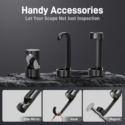 Endoscope Borescope With Light For Auto And Home Repairs Shop Grade Waterproof Fiber Optic Camera With 8 LED Lights Thirty To Eighty Millimeter Focus Flexible Snake Cable Great For Engine Wall Vent And Wire Checks accessories displayed with side mirror, hook, and magnet for versatile inspections