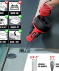 Heavy Duty Drain Auger Snake and Glove Set for easy drain cleaning; shows usage in shower drain, pipe compatibility chart.