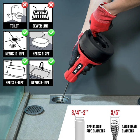 Heavy Duty Drain Auger Snake and Glove Set for easy drain cleaning; shows usage in shower drain, pipe compatibility chart.