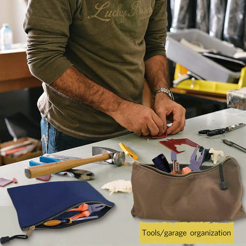 Heavy Duty Canvas Tool Bag Organizer Set Of 7 Pouches in assorted colors on a workbench with tools and gear
