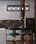 Farmhouse Black Five Light Linear Pendant Light For Kitchen Island And Dining Room, Cage Ceiling Fixture With Adjustable Chains
