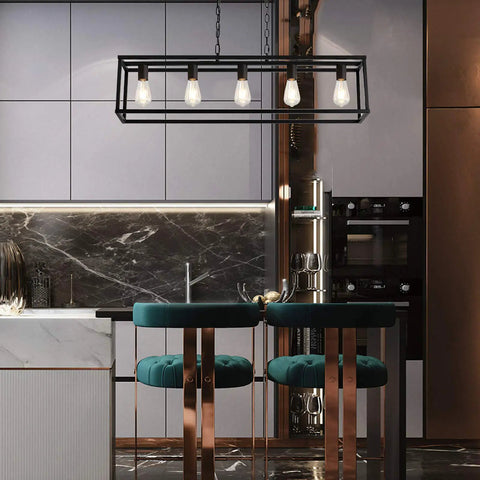Farmhouse Black Five Light Linear Pendant Light For Kitchen Island And Dining Room, Cage Ceiling Fixture With Adjustable Chains