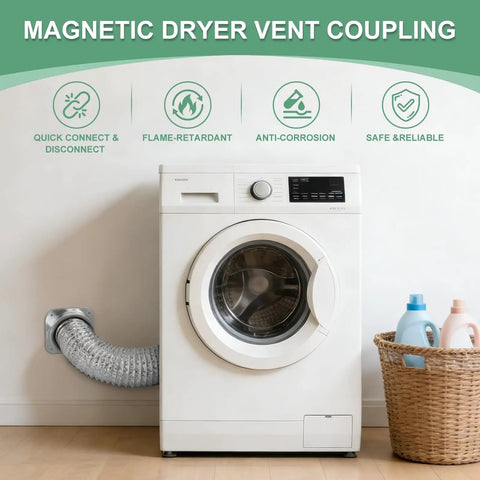 Magnetic Dryer Vent Connector Kit With Airtight Seal, No Mess Quick Connect For 4 Inch Duct shown on laundry machine setup