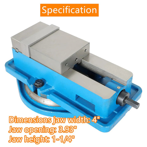 Built Tough High Precision Mill Vise 4 By 4 1/8 Inch With Anti Jaw Lift And Swivel Base Lockdown CNC Milling Vise shown in blue with specifications