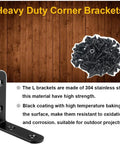 Six Piece Black L Brackets Corner Braces Heavy Duty 304 Stainless Steel Shelf Supports Rust Proof Right Angle Hardware Kit For Wood Furniture Builds Built Tough And Ready To Roll with screws on wooden background.