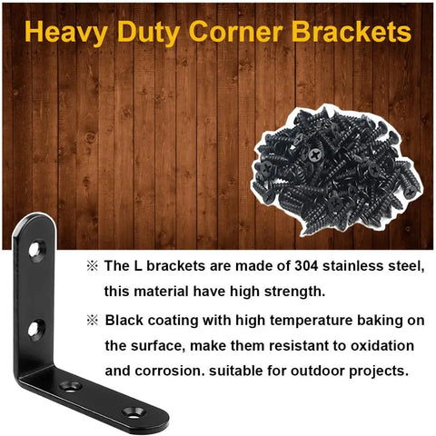 Six Piece Black L Brackets Corner Braces Heavy Duty 304 Stainless Steel Shelf Supports Rust Proof Right Angle Hardware Kit For Wood Furniture Builds Built Tough And Ready To Roll with screws on wooden background.