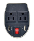 Slip Right In Road Trip Ready 200 Watt Car Power Inverter with Dual AC Outlets and USB ports for devices.