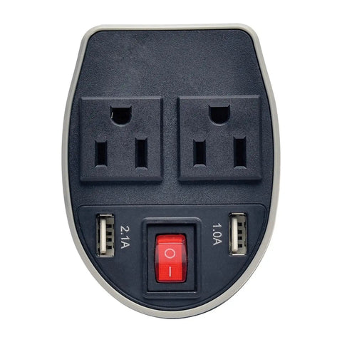 Slip Right In Road Trip Ready 200 Watt Car Power Inverter with Dual AC Outlets and USB ports for devices.