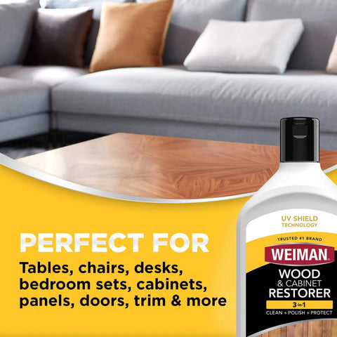 Revive Your Wood Furniture And Kitchen Cabinets With This Deep Cleaning Polish Bundle That Sweeps Away Grime Dust And Scratches While Locking In A Glossy Finish With UV Protection on a polished coffee table.
