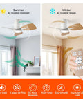 30 Inch Ceiling Fan With Lights Remote Control Quiet DC Motor Flush Mount For Bedroom And Kids Room White And Wood Grain Finish Dual Sided Blades Keeps It Cool In Small Rooms Perfect For Flat Ceilings shown with remote control and seasonal airflow directions in a room setting
