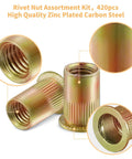 Rock Solid 420 Piece Metric And Sae Rivet Nuts Assortment Kit Featuring Zinc Plated Carbon Steel Thread Inserts close-up of threaded inserts